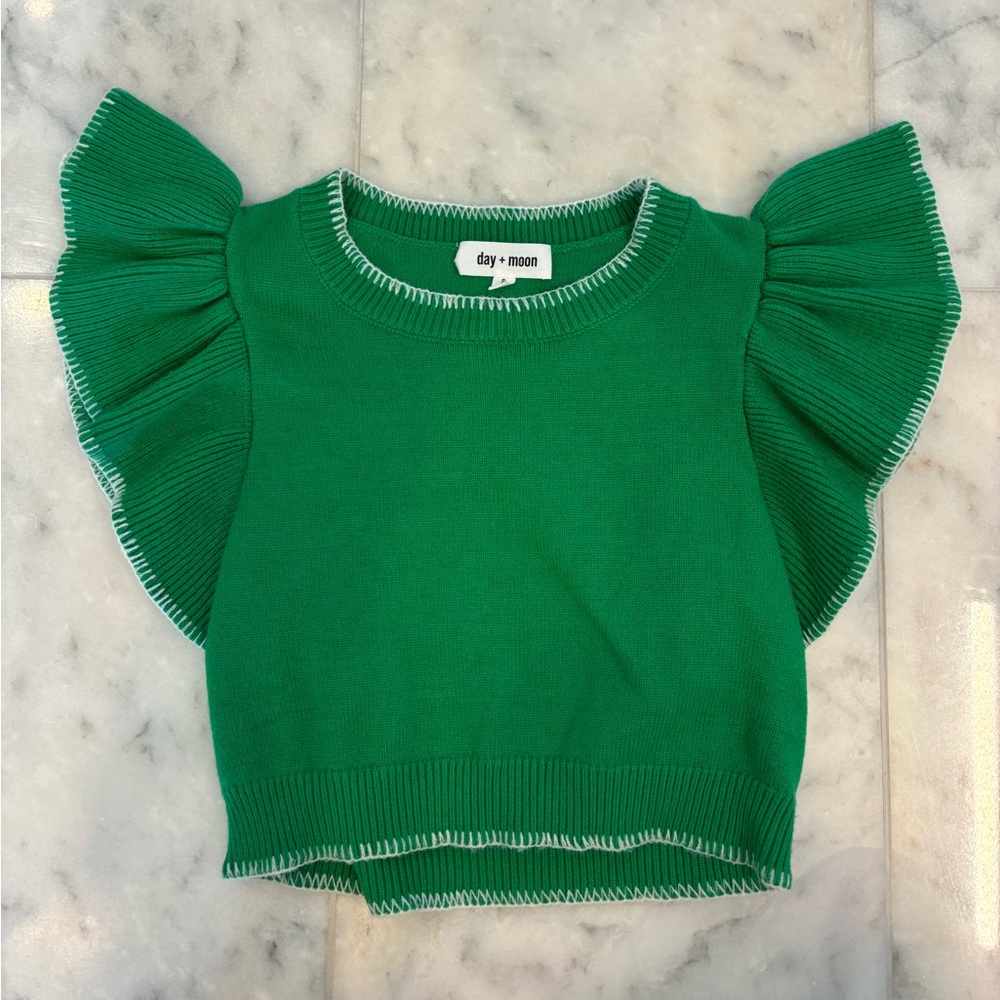 Day + Moon Green Ruffle Sleeve Sweater Top